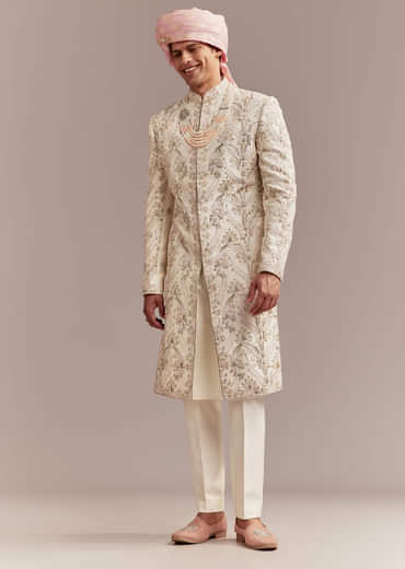 Peach Silk Sherwani For Groom With Pastel Floral Embroidery