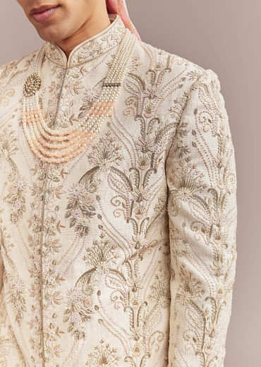 Peach Silk Sherwani For Groom With Pastel Floral Embroidery