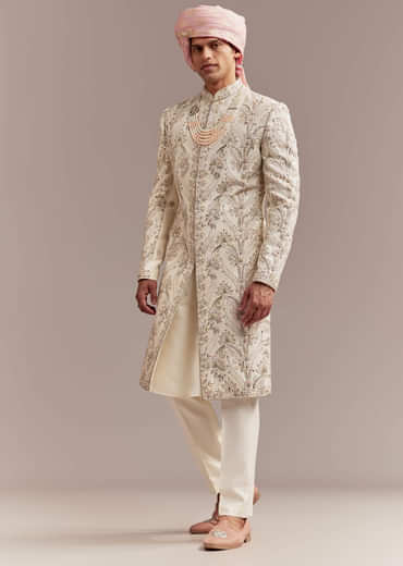 Peach Silk Sherwani For Groom With Pastel Floral Embroidery