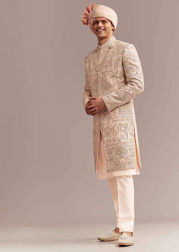 Peach Silk Sherwani For Groom With Zardosi And Sequins Embroidery