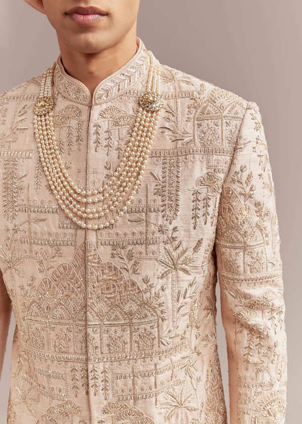 Peach Silk Sherwani For Groom With Zardosi And Sequins Embroidery