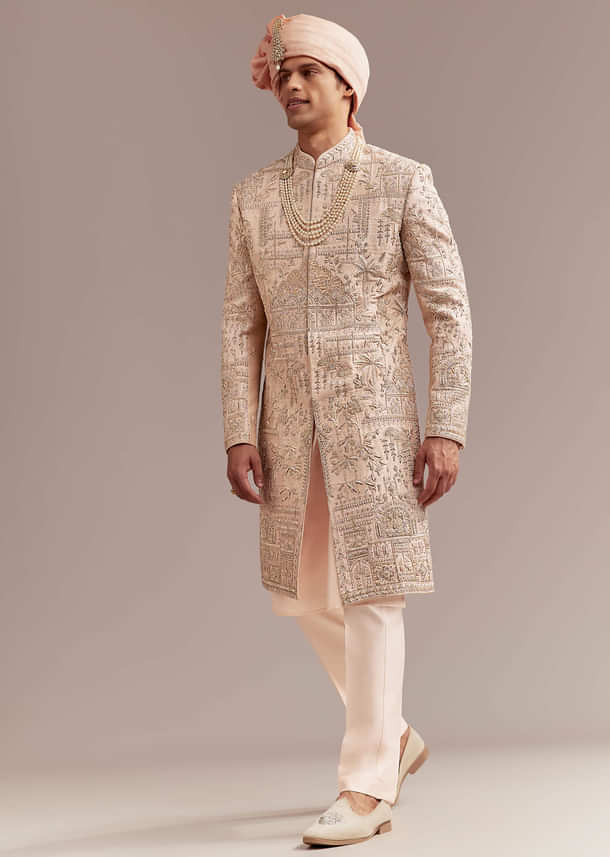 Peach Silk Sherwani For Groom With Zardosi And Sequins Embroidery