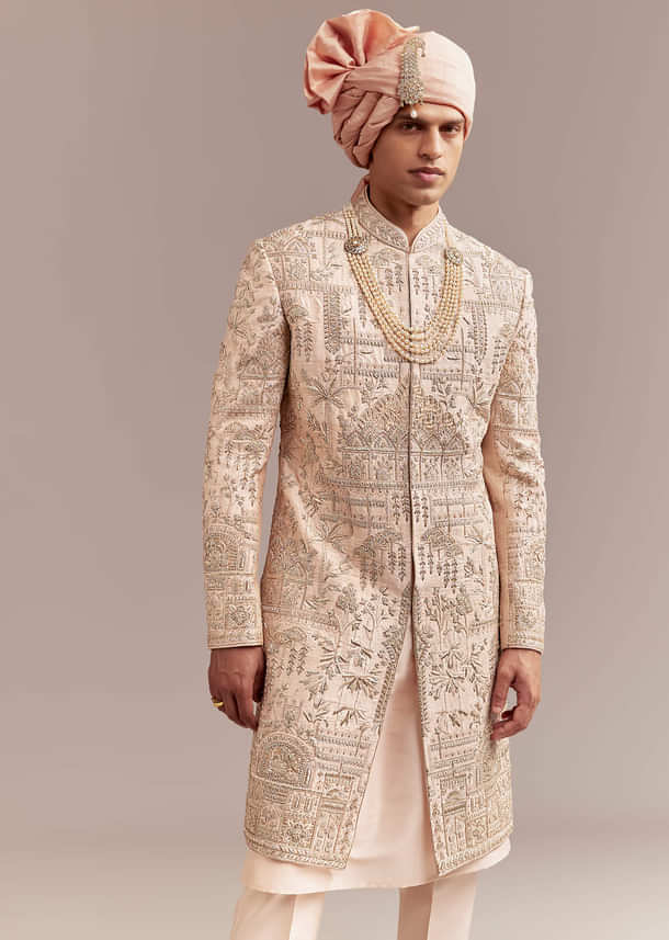 Peach Silk Sherwani For Groom With Zardosi And Sequins Embroidery