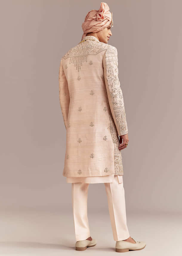 Peach Silk Sherwani For Groom With Zardosi And Sequins Embroidery
