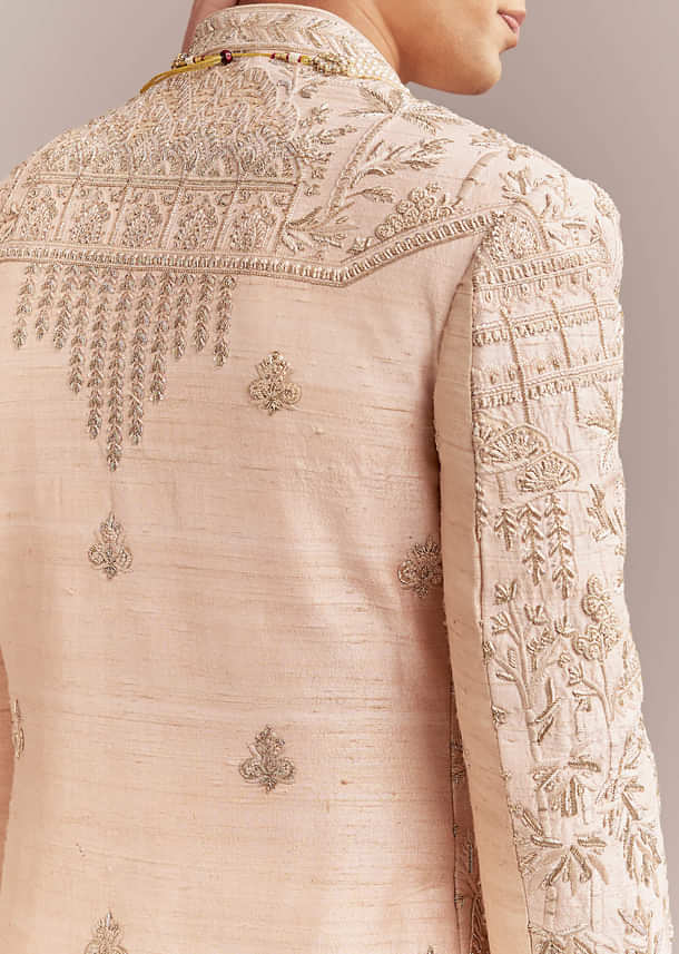 Peach Silk Sherwani For Groom With Zardosi And Sequins Embroidery