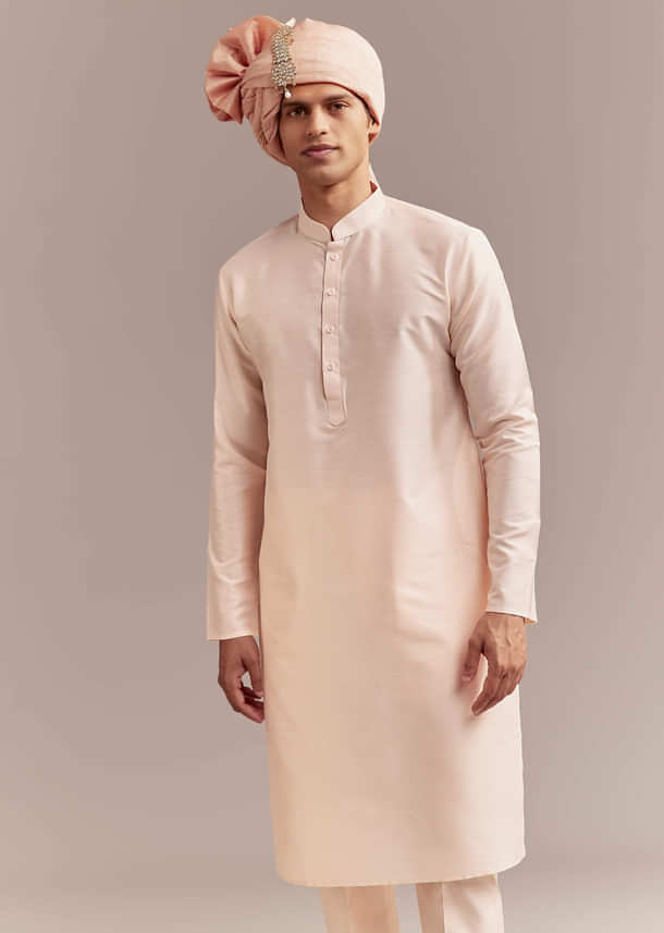 Peach Silk Sherwani For Groom With Zardosi And Sequins Embroidery