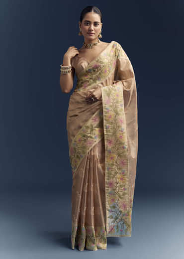 Peach Tissue Chanderi Silk Saree With Floral Resham Work Peach Tissue Chanderi Silk Saree With Floral Resham Work