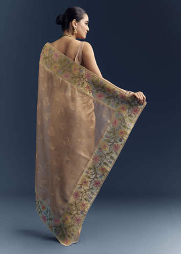 Peach Tissue Chanderi Silk Saree With Floral Resham Work Peach Tissue Chanderi Silk Saree With Floral Resham Work
