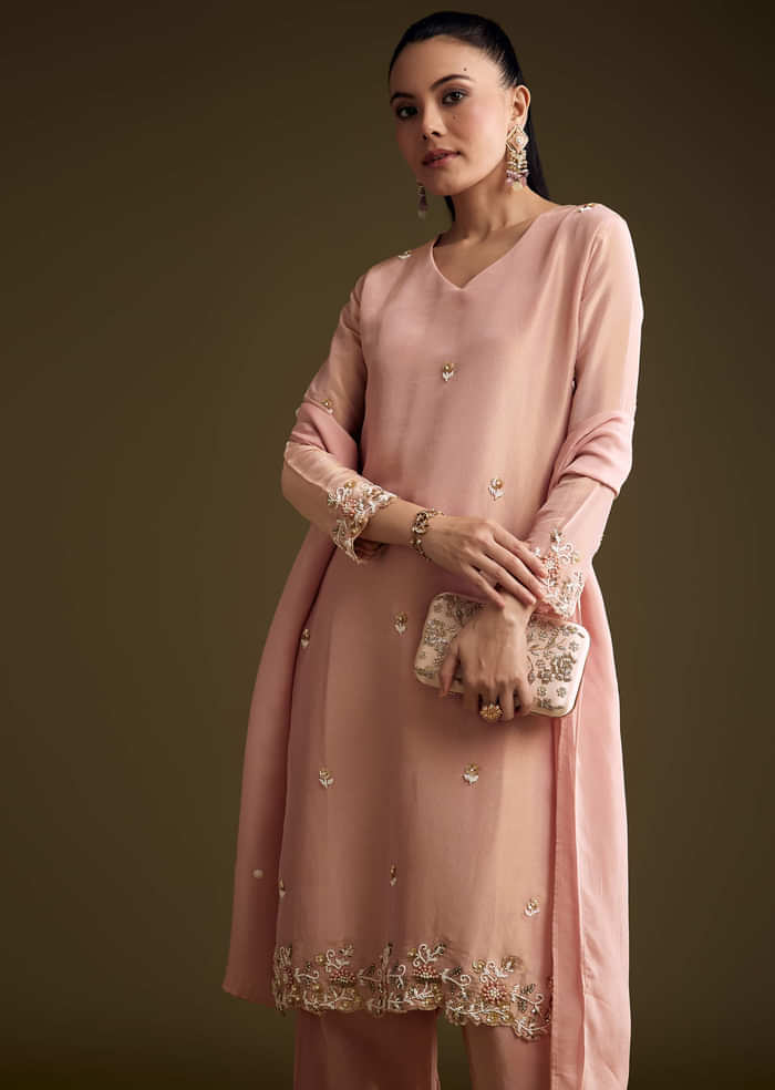 Peach Tissue Kurta Set With Sequins And Moti Embroidery