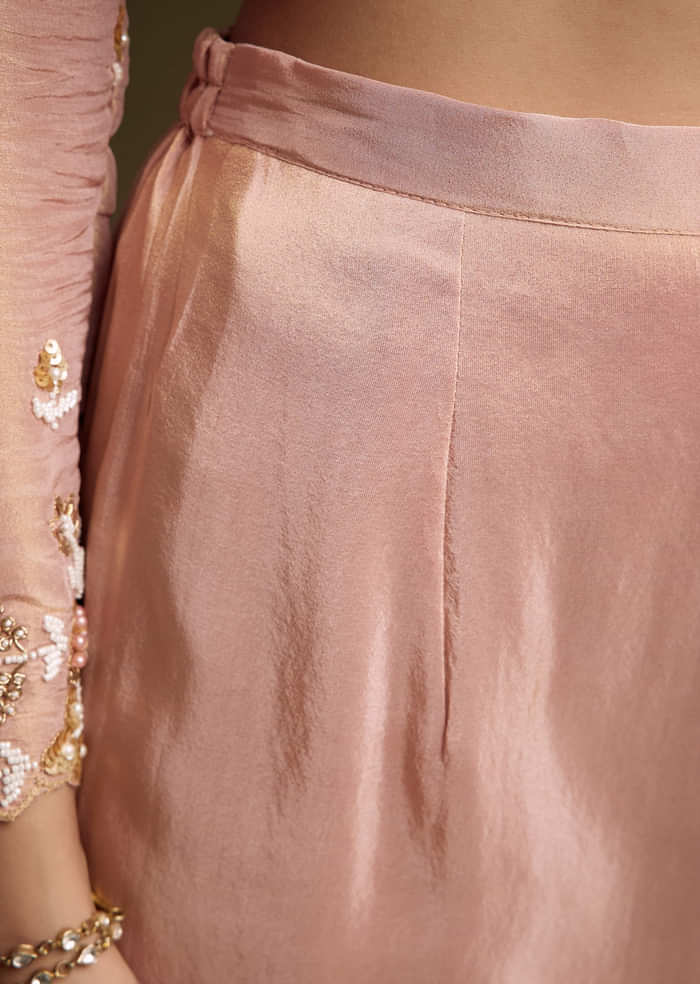 Peach Tissue Kurta Set With Sequins And Moti Embroidery