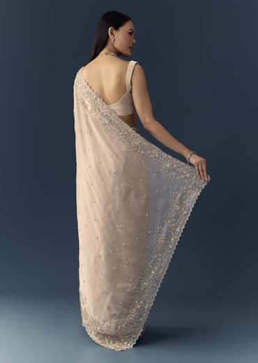 Peach Tissue Organza Cutwork Saree with Unstitched Blouse Fabric