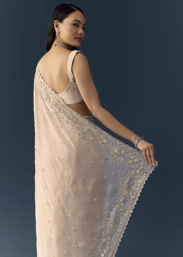 Peach Tissue Organza Cutwork Saree with Unstitched Blouse Fabric