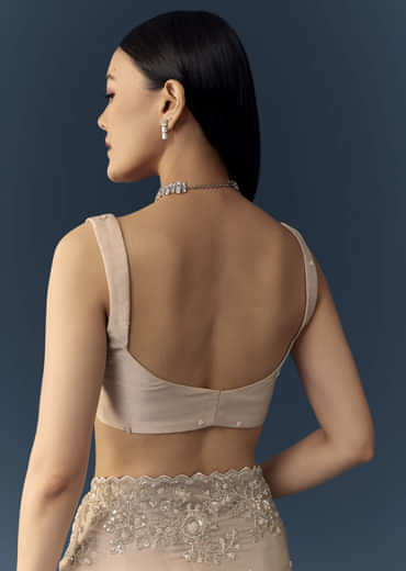 Peach Tissue Organza Cutwork Saree with Unstitched Blouse Fabric