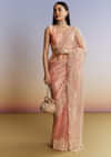 Peach Tissue Saree With Floral Moti And Cutdana Embroidery