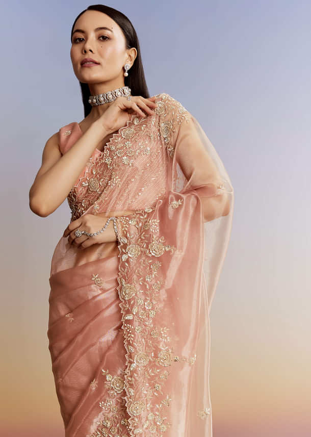 Peach Tissue Saree With Floral Moti And Cutdana Embroidery