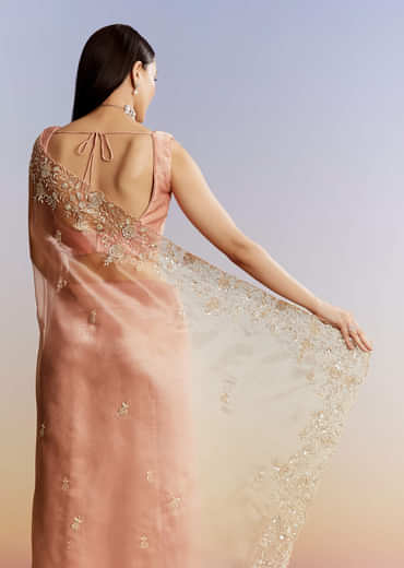 Peach Tissue Saree With Floral Moti And Cutdana Embroidery