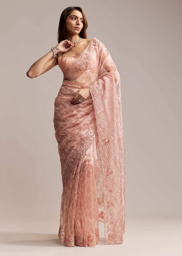 Peach Tissue Saree With Geometric Embroidery