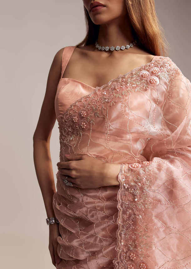 Peach Tissue Saree With Geometric Embroidery