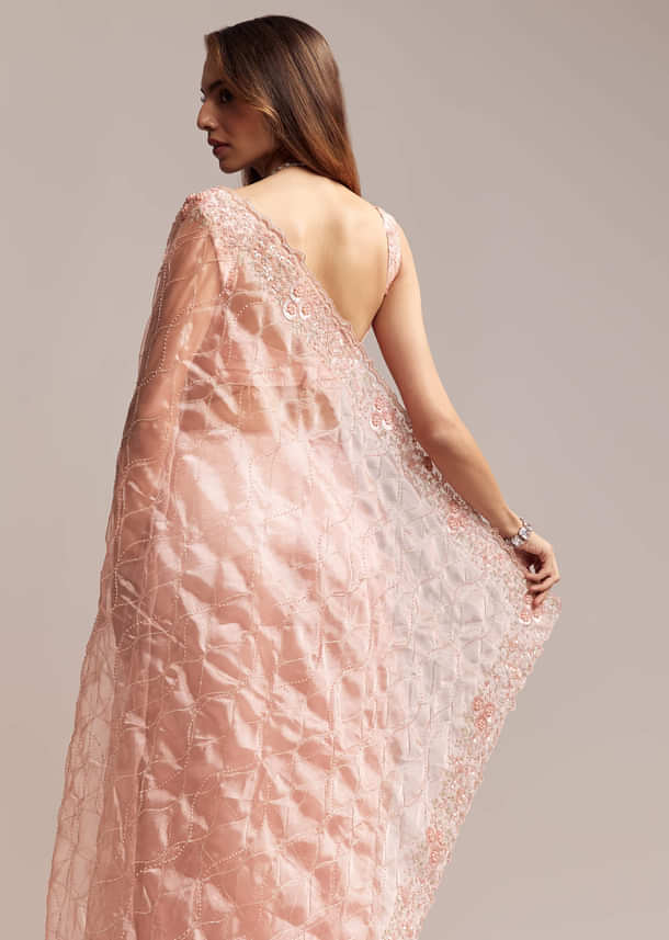 Peach Tissue Saree With Geometric Embroidery