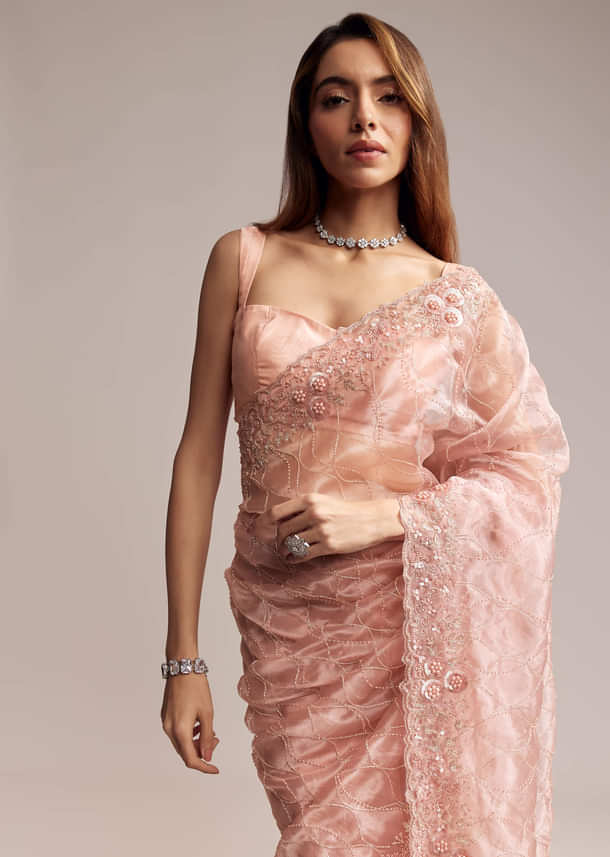 Peach Tissue Saree With Geometric Embroidery