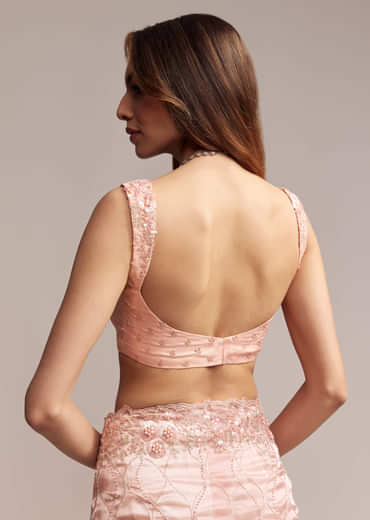 Peach Tissue Saree With Geometric Embroidery