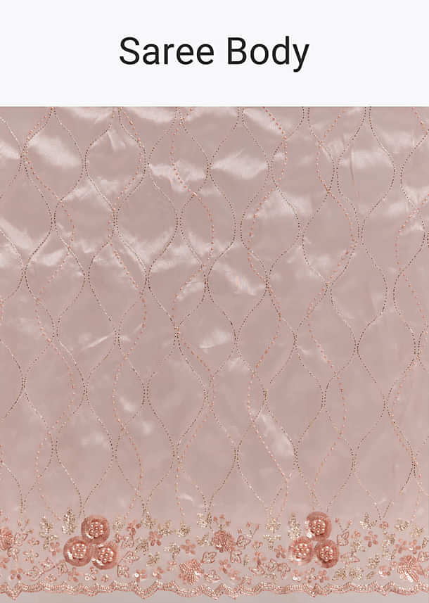 Peach Tissue Saree With Geometric Embroidery