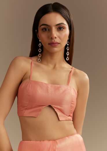 Peach Tissue Saree With Stones Cutdana Embellishments And Scallop Border