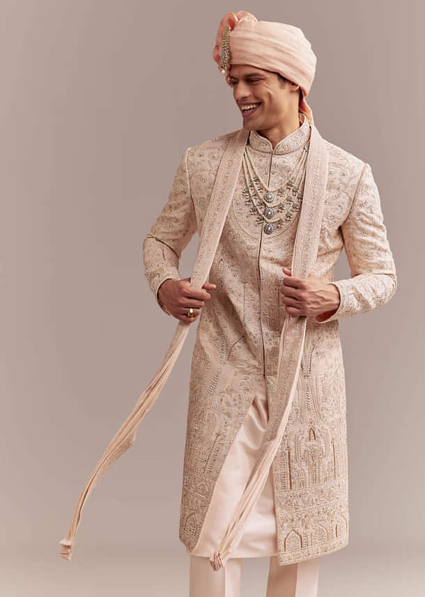 Peach Tissue Sherwani For Groom With Tonal Embroidery