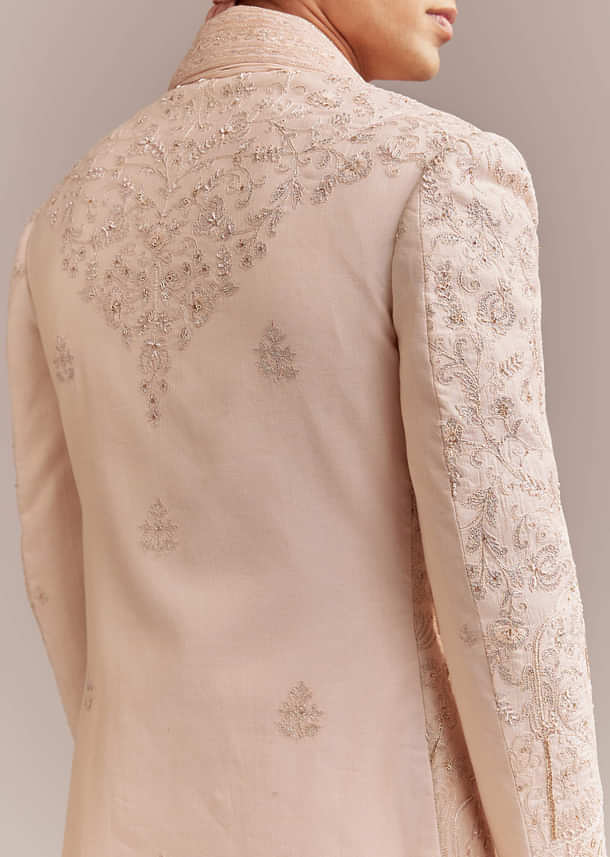 Peach Tissue Sherwani For Groom With Tonal Embroidery