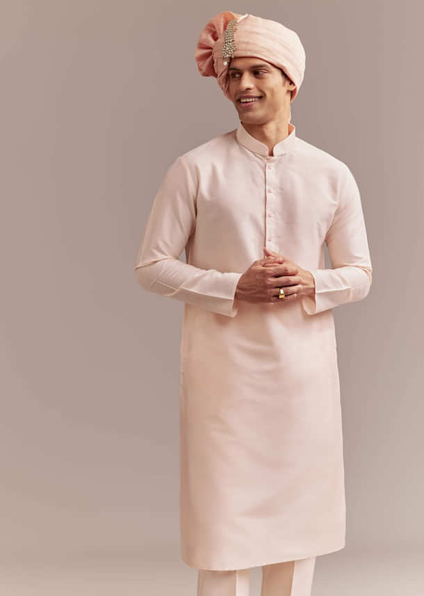 Peach Tissue Sherwani For Groom With Tonal Embroidery