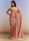 Peach Tissue Silk Saree With Heavy Hand Embroidery