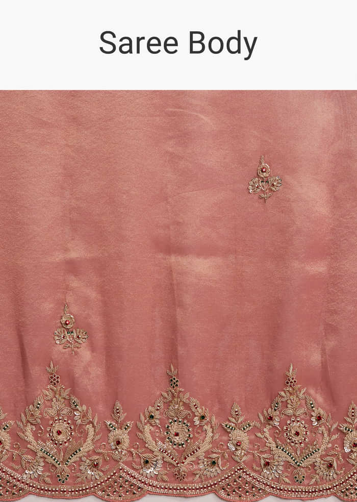 Peach Tissue Silk Saree With Heavy Hand Embroidery