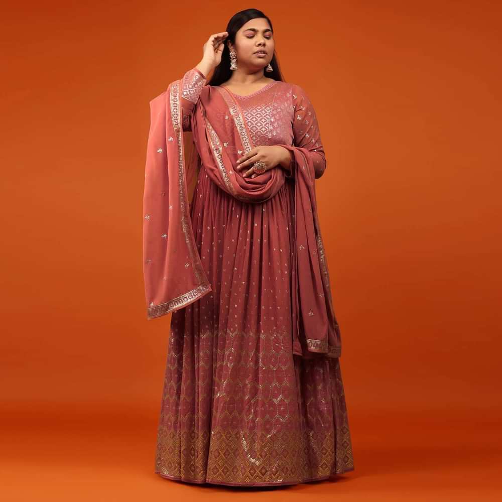 Peach Pink Anarkali Suit In Georgette With Embellishment Sequin And Thread