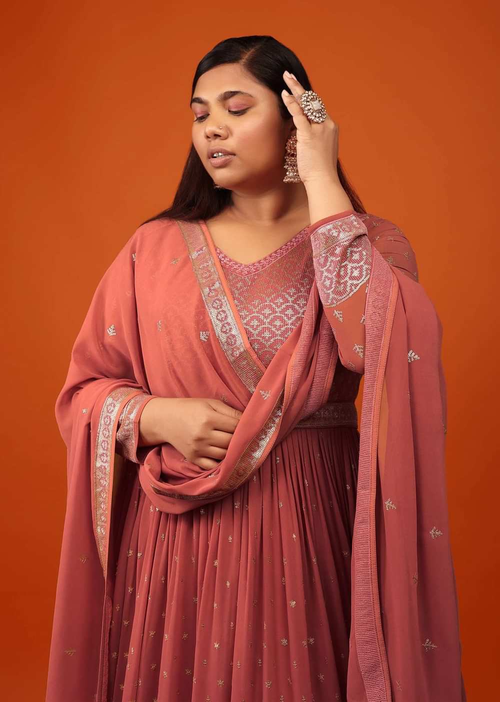 Peach Pink Anarkali Suit In Georgette With Embellishment Sequin And Thread