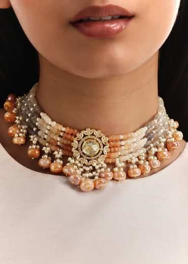 Peach And Gold Pachi Kundan Short Pendant Necklace Set