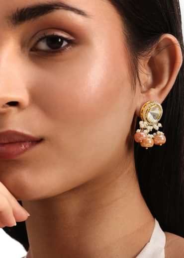 Peach And Gold Pachi Kundan Short Pendant Necklace Set