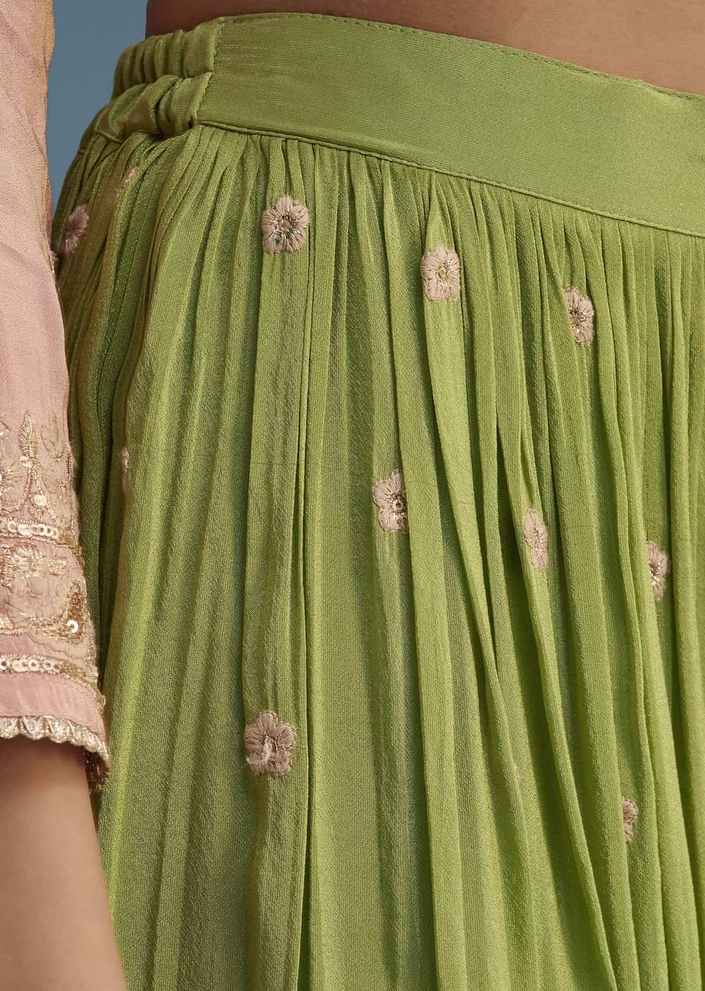 Peach And Green Tissue Palazzo Set With Zardosi And Sequins Work