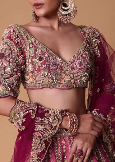 Pink Raw Silk 16 Kali Lehenga And 3D Pearl Embellished Blouse Set