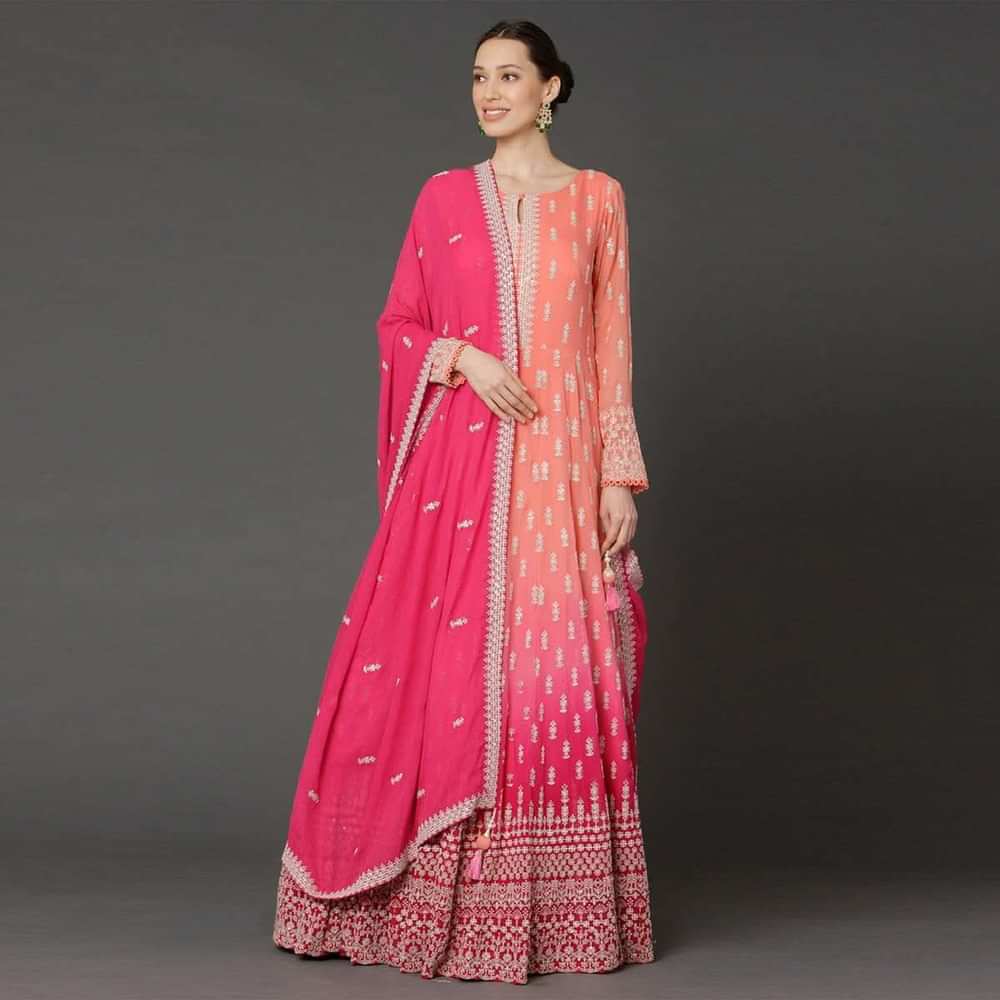 Peach And Pink Shaded Anarkali In Georgette With Lucknowi Thread Embroidered Buttis Online - Kalki Fashion
