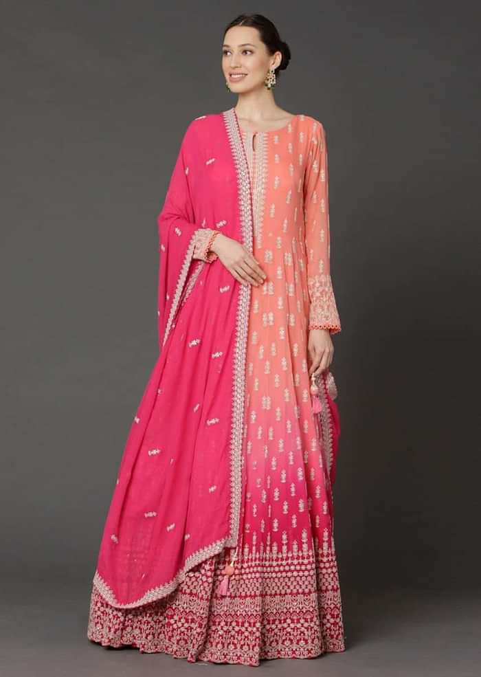 Peach And Pink Shaded Anarkali In Georgette With Lucknowi Thread Embroidered Buttis Online - Kalki Fashion