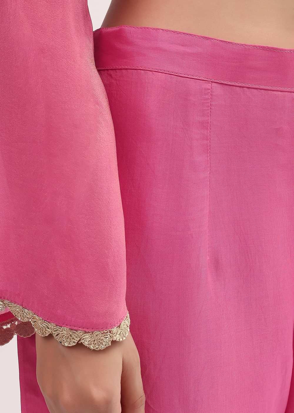 Peach Pant Set In Silk With Mirror Work
