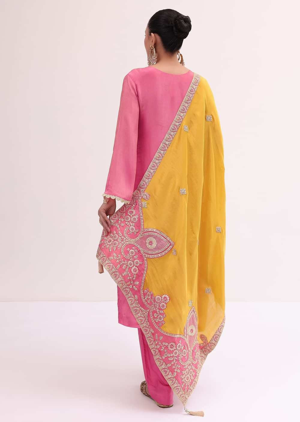 Peach Pant Set In Silk With Mirror Work