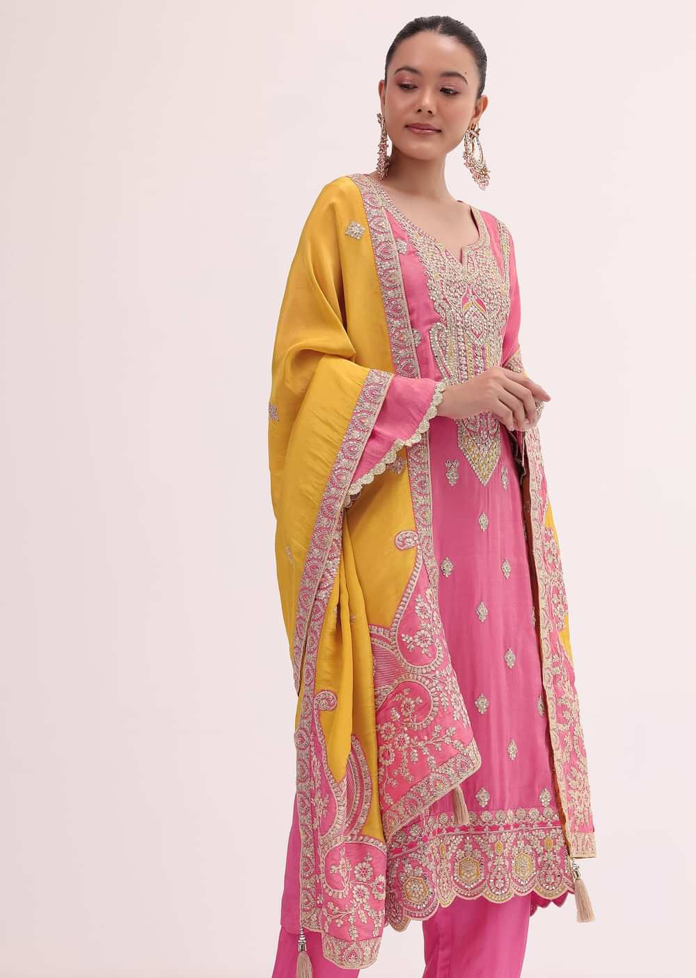 Peach Pant Set In Silk With Mirror Work