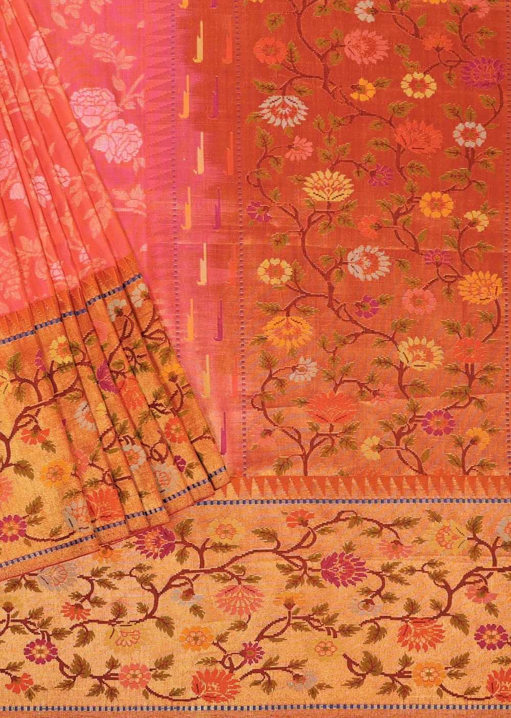 Peach Banarasi Handloom Saree In Orange Shade With Shikara Skirt Border Weave And Unstitched Blouse