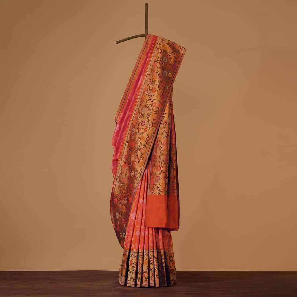 Peach Banarasi Handloom Saree In Orange Shade With Shikara Skirt Border Weave And Unstitched Blouse