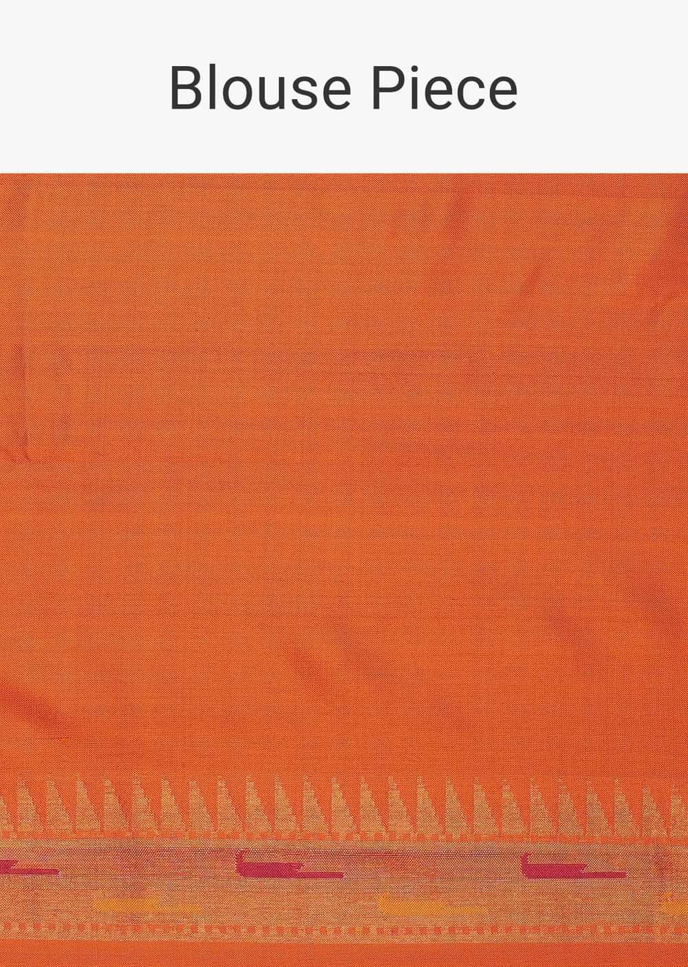 Peach Banarasi Handloom Saree In Orange Shade With Shikara Skirt Border Weave And Unstitched Blouse