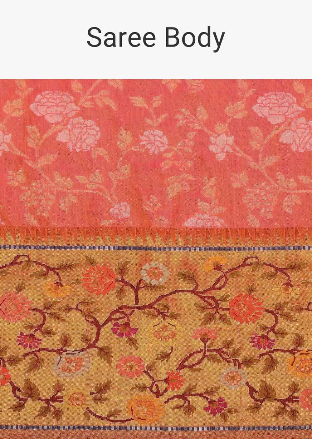 Peach Banarasi Handloom Saree In Orange Shade With Shikara Skirt Border Weave And Unstitched Blouse