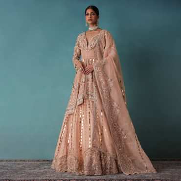 Peach Bridal Lehenga Set In Organza With Jacket