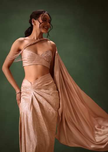 Peach Brocade Draped Skirt With Pleated One Shoulder Blouse