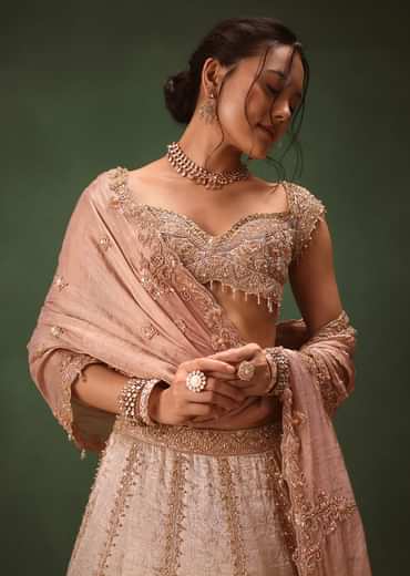 Peach Brocade Embroidered Bridal Lehenga With Two Dupattas